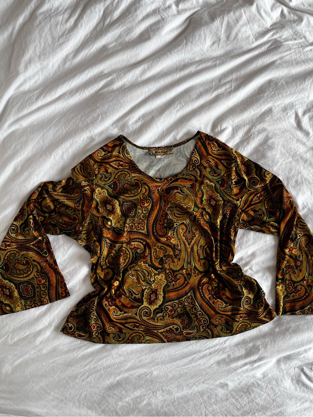 Vintage 90s Ashley Stewart Multicolor Paisley Bell Sleeve Top